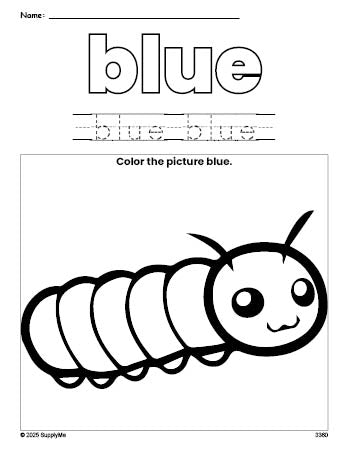 Free caterpillar color blue coloring page and color worksheet, blue worksheet for preschoolers to learn colors, printable PDF