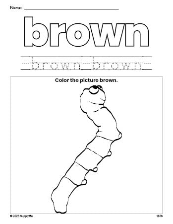 Free caterpillar color brown coloring page and color worksheet, brown worksheet for preschoolers to learn colors, printable PDF