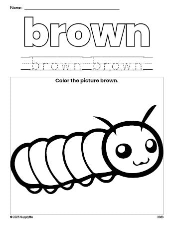 Free caterpillar color brown coloring page and color worksheet, brown worksheet for preschoolers to learn colors, printable PDF