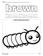 Free caterpillar color brown coloring page and color worksheet, brown worksheet for preschoolers to learn colors, printable PDF