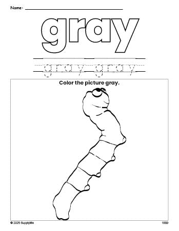 Free caterpillar color gray coloring page and color worksheet, gray worksheet for preschoolers to learn colors, printable PDF