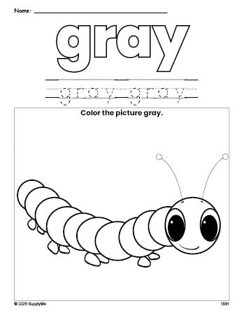 Free caterpillar color gray coloring page and color worksheet, gray worksheet for preschoolers to learn colors, printable PDF