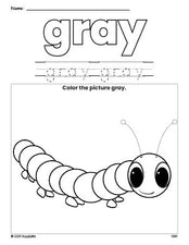 Free caterpillar color gray coloring page and color worksheet, gray worksheet for preschoolers to learn colors, printable PDF