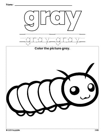 Free caterpillar color gray coloring page and color worksheet, gray worksheet for preschoolers to learn colors, printable PDF