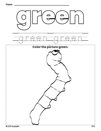 Free caterpillar color green coloring page and color worksheet, green worksheet for preschoolers to learn colors, printable PDF