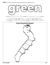 Free caterpillar color green coloring page and color worksheet, green worksheet for preschoolers to learn colors, printable PDF