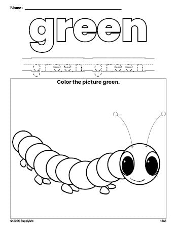 Free caterpillar color green coloring page and color worksheet, green worksheet for preschoolers to learn colors, printable PDF