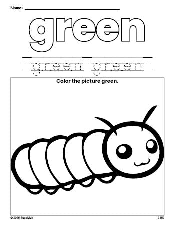 Free caterpillar color green coloring page and color worksheet, green worksheet for preschoolers to learn colors, printable PDF