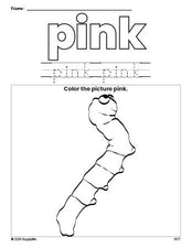 Free caterpillar color pink coloring page and color worksheet, pink worksheet for preschoolers to learn colors, printable PDF