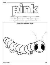 Free caterpillar color pink coloring page and color worksheet, pink worksheet for preschoolers to learn colors, printable PDF