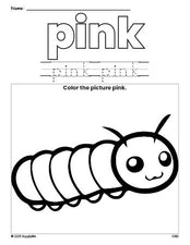 Free caterpillar color pink coloring page and color worksheet, pink worksheet for preschoolers to learn colors, printable PDF