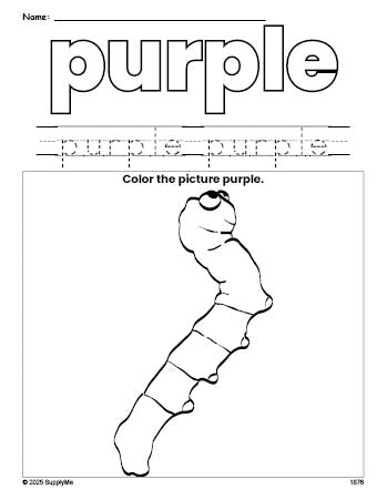 Free caterpillar color purple coloring page and color worksheet, purple worksheet for preschoolers to learn colors, printable PDF