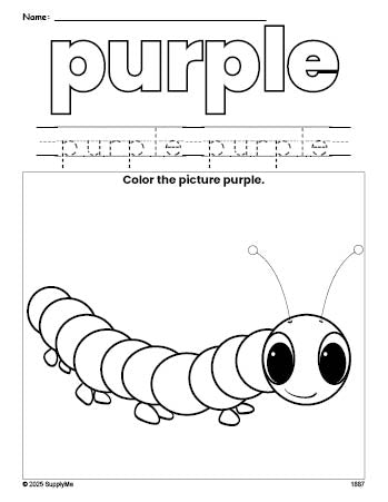 Free caterpillar color purple coloring page and color worksheet, purple worksheet for preschoolers to learn colors, printable PDF