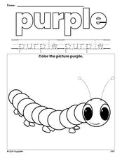 Free caterpillar color purple coloring page and color worksheet, purple worksheet for preschoolers to learn colors, printable PDF