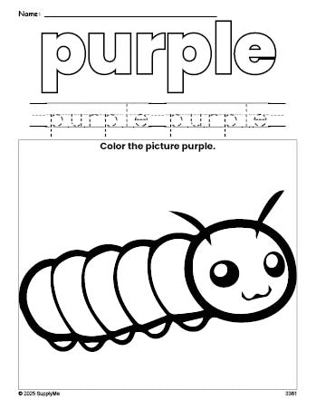 Free caterpillar color purple coloring page and color worksheet, purple worksheet for preschoolers to learn colors, printable PDF