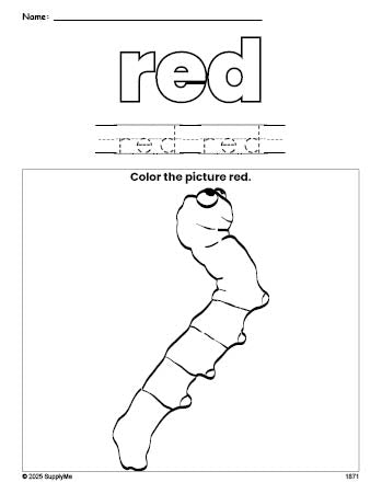 Free caterpillar color red coloring page and color worksheet, red worksheet for preschoolers to learn colors, printable PDF