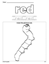 Free caterpillar color red coloring page and color worksheet, red worksheet for preschoolers to learn colors, printable PDF