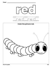 Free caterpillar color red coloring page and color worksheet, red worksheet for preschoolers to learn colors, printable PDF