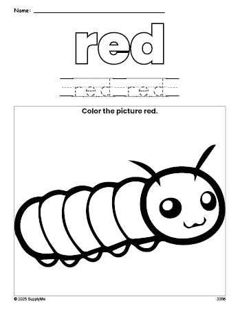 Free caterpillar color red coloring page and color worksheet, red worksheet for preschoolers to learn colors, printable PDF