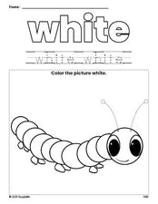 Free caterpillar color white coloring page and color worksheet, white worksheet for preschoolers to learn colors, printable PDF