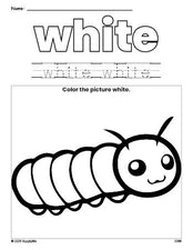 Free caterpillar color white coloring page and color worksheet, white worksheet for preschoolers to learn colors, printable PDF