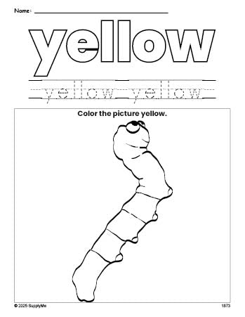 Free caterpillar color yellow coloring page and color worksheet, yellow worksheet for preschoolers to learn colors, printable PDF