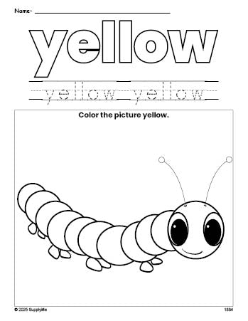 Free caterpillar color yellow coloring page and color worksheet, yellow worksheet for preschoolers to learn colors, printable PDF