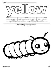 Free caterpillar color yellow coloring page and color worksheet, yellow worksheet for preschoolers to learn colors, printable PDF