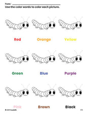 Free caterpillar coloring page and color worksheet for preschoolers to learn colors, printable PDF