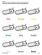 Free caterpillar coloring page and color worksheet for preschoolers to learn colors, printable PDF