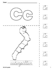 Free printable caterpillar coloring page and cursive letter tracing worksheet, letter c worksheet for preschool, pre-k, and kindergarten, PDF