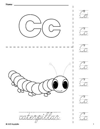 Free printable caterpillar coloring page and cursive letter tracing worksheet, letter c worksheet for preschool, pre-k, and kindergarten, PDF