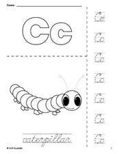 Free printable caterpillar coloring page and cursive letter tracing worksheet, letter c worksheet for preschool, pre-k, and kindergarten, PDF