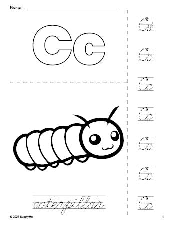 Free printable caterpillar coloring page and cursive letter tracing worksheet, letter c worksheet for preschool, pre-k, and kindergarten, PDF