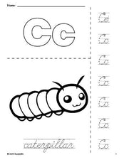 Free printable caterpillar coloring page and cursive letter tracing worksheet, letter c worksheet for preschool, pre-k, and kindergarten, PDF