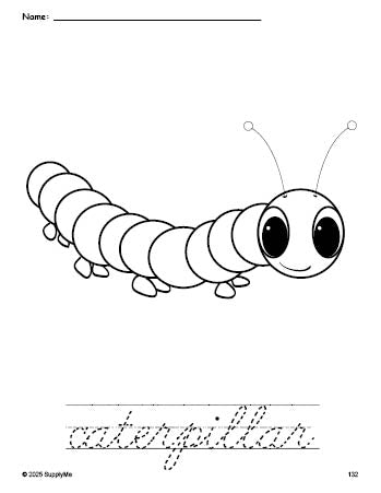 Free printable caterpillar coloring page and cursive word tracing worksheet, perfect for preschool, pre-k, and kindergarten, PDF