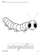 Free printable caterpillar coloring page and cursive word tracing worksheet, perfect for preschool, pre-k, and kindergarten, PDF