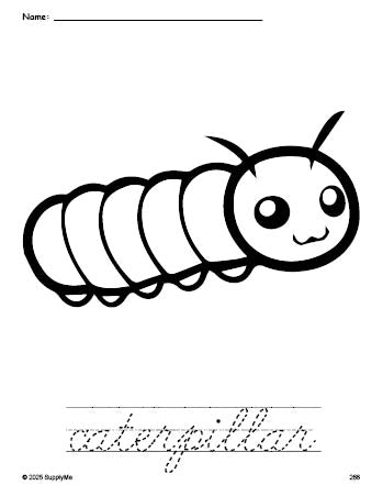 Free printable caterpillar coloring page and cursive word tracing worksheet, perfect for preschool, pre-k, and kindergarten, PDF