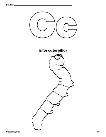 Free printable caterpillar coloring page, letter c coloring page for preschool, pre-k, and kindergarten, PDF