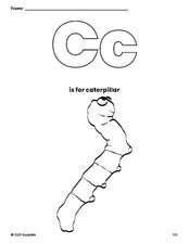 Free printable caterpillar coloring page, letter c coloring page for preschool, pre-k, and kindergarten, PDF