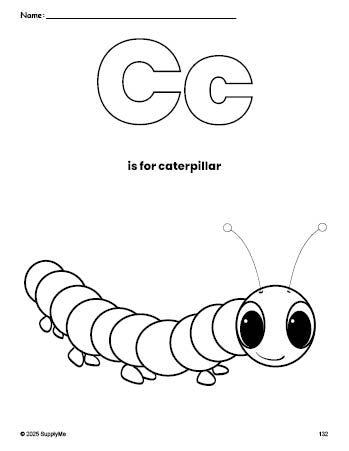 Free printable caterpillar coloring page, letter c coloring page for preschool, pre-k, and kindergarten, PDF