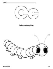 Free printable caterpillar coloring page, letter c coloring page for preschool, pre-k, and kindergarten, PDF