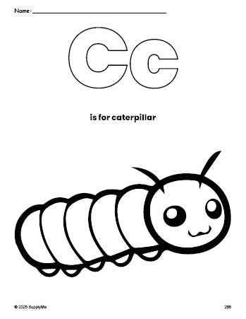 Free printable caterpillar coloring page, letter c coloring page for preschool, pre-k, and kindergarten, PDF