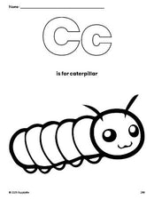 Free printable caterpillar coloring page, letter c coloring page for preschool, pre-k, and kindergarten, PDF