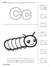 Free printable caterpillar coloring page and letter tracing worksheet, letter c worksheet for preschool, pre-k, and kindergarten, PDF