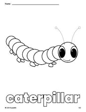 Free printable caterpillar coloring page for preschool, pre-k, and kindergarten, PDF