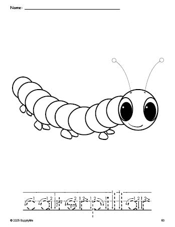 Free printable caterpillar coloring page and word tracing worksheet, letter formation guides, perfect for preschool, pre-k, and kindergarten, PDF