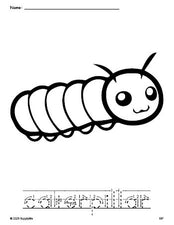 Free printable caterpillar coloring page and word tracing worksheet, letter formation guides, perfect for preschool, pre-k, and kindergarten, PDF