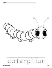 Free printable caterpillar coloring page and word tracing worksheet, perfect for preschool, pre-k, and kindergarten, PDF