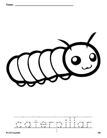 Free printable caterpillar coloring page and word tracing worksheet, perfect for preschool, pre-k, and kindergarten, PDF